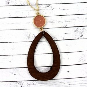 Pink Druzy Disk & Wooden Teardrop Necklace